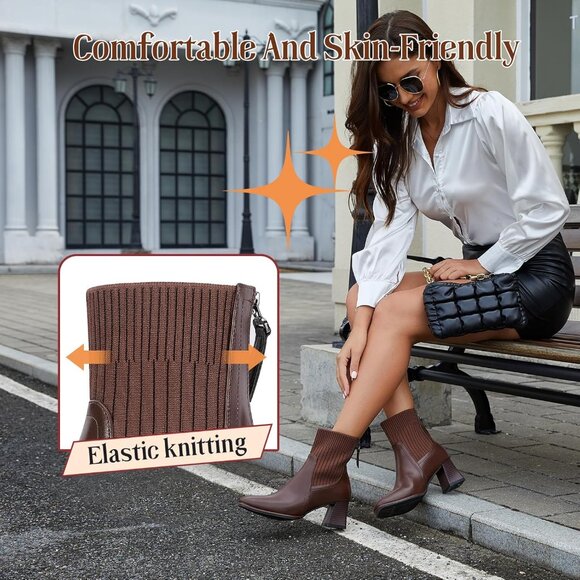 Women's Back Zipper Square Toe Ankle Chelsea Heel Comfortable Brown Boot - Picture 4 of 6